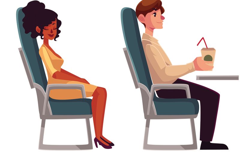 Various passengers, man and women in airplane seats, cartoon vector illustration on white background. Airplane seats occupied by men, drinking and reading, and women, sleeping and lulling a baby