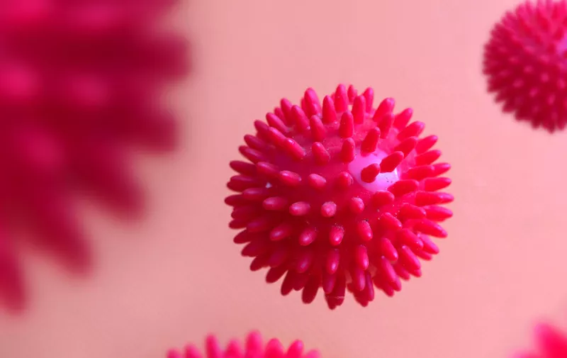 Viruses covid19 fly in space Levitation Banner on a pink background