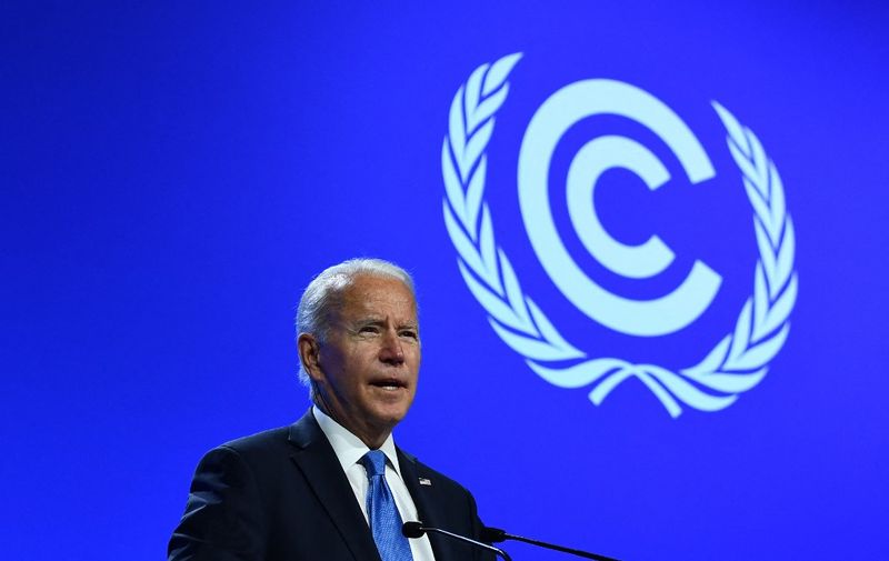 US President Joe Biden delivers a speech on stage during for a meeting, as part of the World Leaders' Summit of the COP26 UN Climate Change Conference in Glasgow, Scotland, on November 2, 2021. - World leaders meeting at the COP26 climate summit in Glasgow will issue a multibillion-dollar pledge to end deforestation by 2030 but that date is too distant for campaigners who want action sooner to save the planet's lungs. (Photo by Brendan Smialowski / AFP)