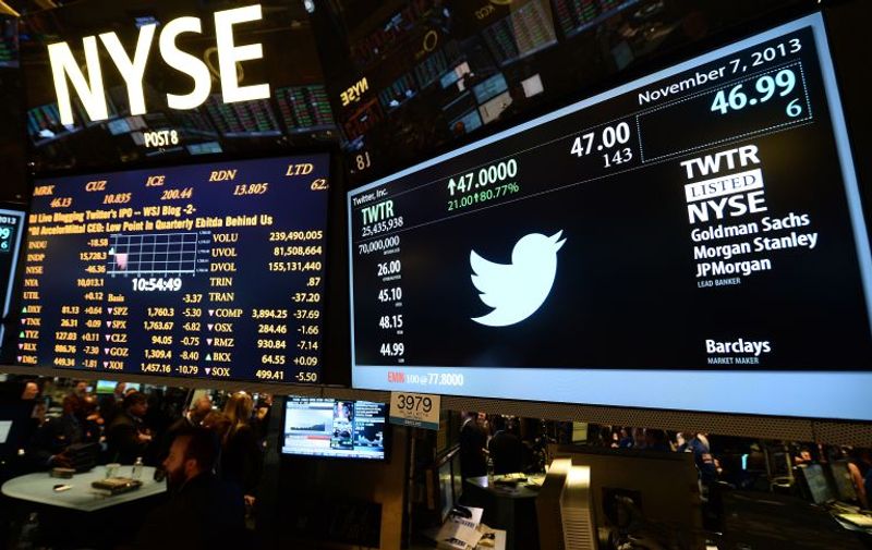 A screen displays a Twitter and share price logo as it starts trading at the New York Stock Exchange (NYSE) on November 7, 2013 in New York. Twitter hit Wall Street with a bang on Thursday, as an investor frenzy quickly sent shares surging after the public share offering for the fast-growing social network. In [&hellip;]