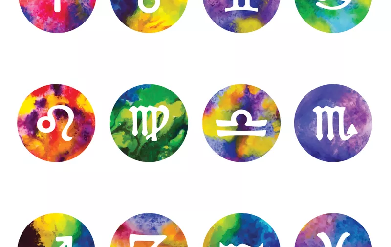 Zodiac icons on watercolor background. Freehand drawing.