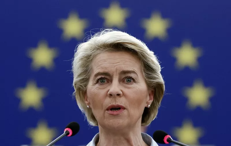 European Commission President Ursula von der Leyen speaks during the presentation of the programme of the activities of the Slovenian Presidency during a plenary session at the European Parliament in Strasbourg, on July 6, 2021. (Photo by CHRISTIAN HARTMANN / POOL / AFP)
