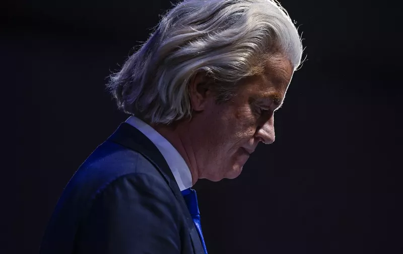 President of Partij voor de Vrijheid - PVV (Party for Freedom) Duth far-right party, Geert Wilders, delivers a speech during the Portugal's Chega far-right party convention in Santarem, on January 29, 2023. (Photo by PATRICIA DE MELO MOREIRA / AFP)