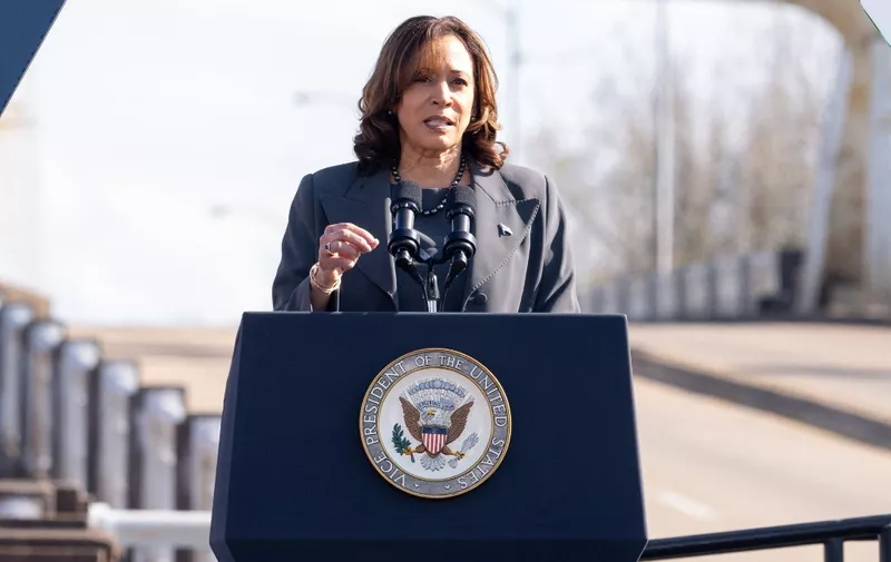 US Vice President Kamala Harris speaks at the Edmund Pettus Bridge during an event to commemorate the 59th anniversary of "Bloody Sunday" in Selma, Alabama, on March 3, 2024. On March 7, 1965, civil rights marchers crossed the Edmund Pettus Bridge and clashed with state police who used batons and tear gas to disperse the protesters. (Photo by SAUL LOEB / AFP)