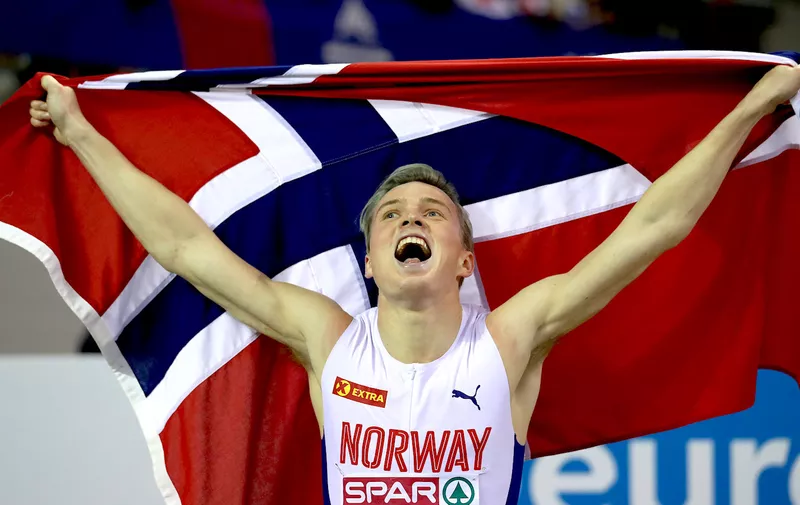 GLASGOW, SCOTLAND - MARCH 02: Karsten Warholm of Norway celebrates after winning the Mens 400m Final during the 2019 European Athletics Indoor Championships - Day Two at the Emirates Arena on March 02, 2019 in Glasgow, Scotland. (Photo by Bryn Lennon/Getty Images)