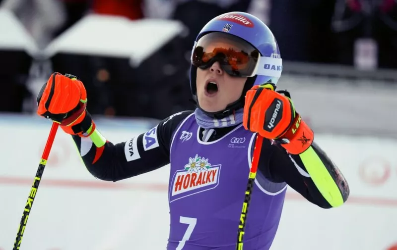 United States' Mikaela Shiffrin reacts at the finish area of an alpine ski, women's World Cup giant slalom race, in Jasna, Slovakia, Saturday, Jan. 20, 2024. (AP Photo/Giovanni Maria Pizzato)
