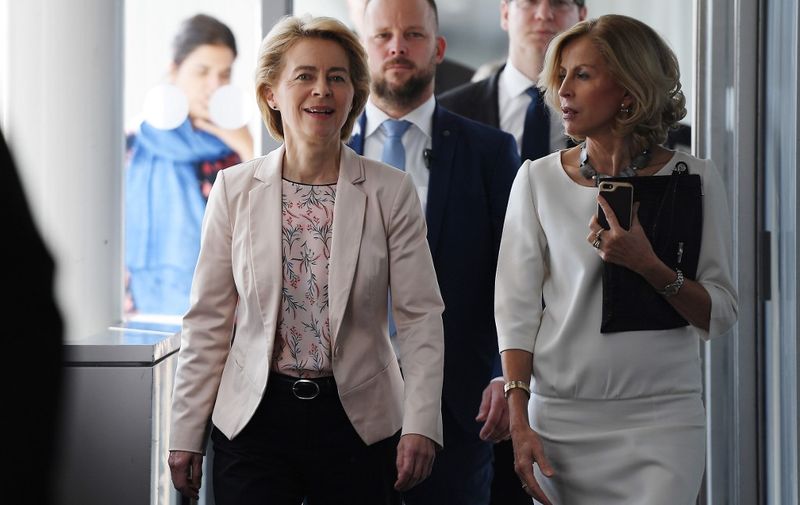 European Commission President Ursula von der Leyen (C) arrives for a meeting with heads of the European Parliament's political groups at the European Parliament on September 19, 2019 in Strasbourg, eastern France. (Photo by FREDERICK FLORIN / AFP)