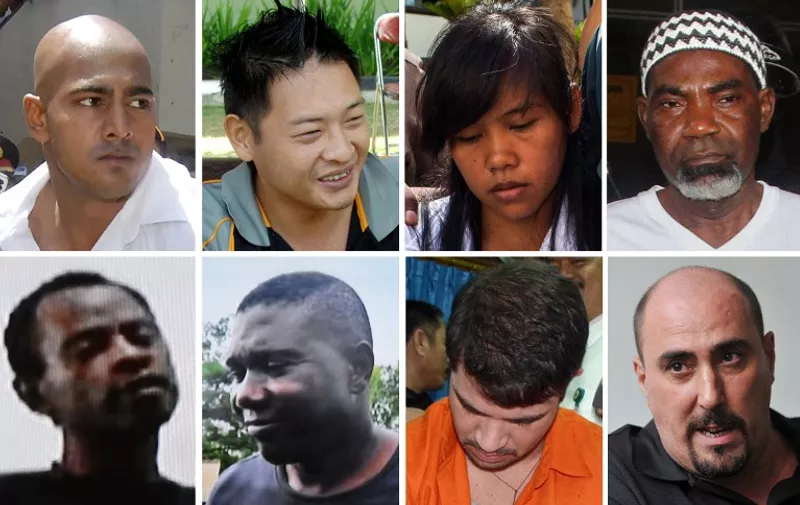 This combination image of eight file photographs shows seven foreign drug convicts on death row in Indonesia as they await imminent execution, while Frenchman Serge Atlaoui (bottom R) being excluded from the list with an outstanding legal appeal.  Top row from left: Australians Myuran Sukumaran and Andrew Chan, Filipina Mary Jane Veloso and Nigerian Martin Anderson. Bottom row from left: Nigerians Raheem Agbaje Salami, Silvester Obiekwe Nwolise,  Brazilian Rodrigo Gularte, and Frenchman Serge Atlaoui.  All have had their appeal for clemency rejected by Indonesian President Joko Widodo, a vocal supporter of capital punishment for drug offenders.  AFP PHOTO