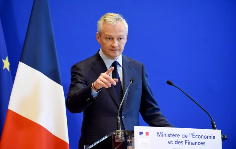 French Economy and Finance Minister Bruno Le Maire addresses a press conference at the Ministry of Economy in Paris on March 6, 2019. - France will introduce a bill to tax internet and technology giants on their digital sales, and thus curb efforts to pay global levies in countries with lower tax rates. The bill, to be discussed by cabinet ministers before being submitted to parliament, is a proposal by Economy Minister Bruno Le Maire to have companies pay a tax of three percent on much of their digital sales in France. (Photo by ERIC PIERMONT / AFP)
