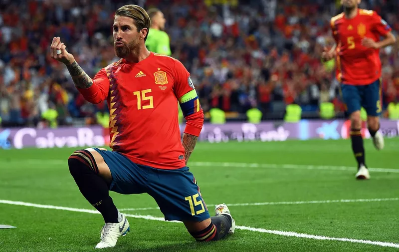 MADRID, SPAIN - JUNE 10:  Sergio Ramos of Spain celebrates scoring during the 2020 UEFA European Championships group F match between Spain and Sweden at Bernabeu on June 10, 2019 in Madrid, Spain. (Photo by David Ramos/Getty Images)
