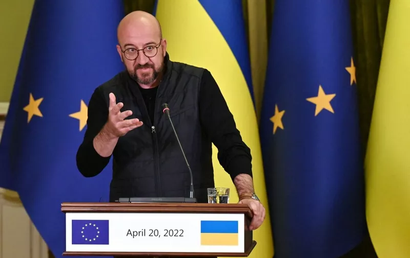 President of the European Council Charles Michel gestures during a press conference following his talks with Ukraine's President in Kyiv on April 20, 2022. (Photo by Sergei SUPINSKY / AFP)