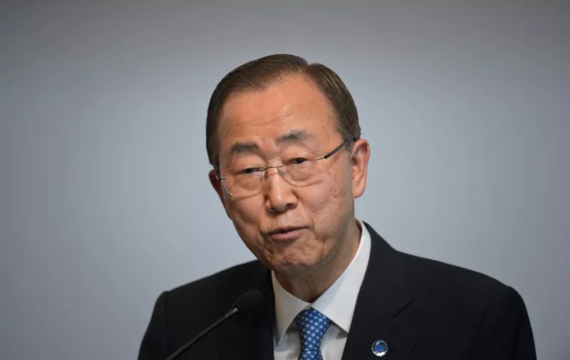 UN Secretary General Ban Ki-moon speaks at a 'UN Global Compact - Korea Leaders Summit' event at a hotel in Seoul on May 19, 2015. At a separate event on the same day, Ban urged North Korea to avoid any actions that might escalate military tensions as South Korea's president spoke again of a "reign of terror" in Pyongyang.      AFP PHOTO / Ed JONES