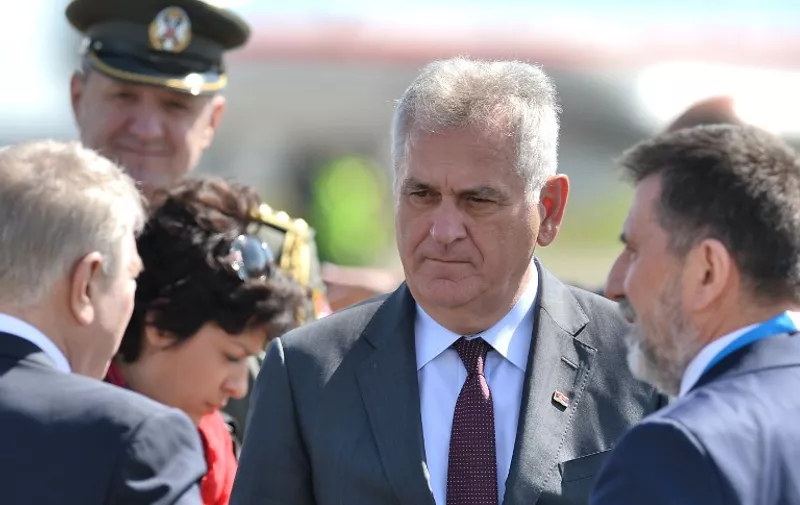 2620676 05/08/2015 President of Serbia Tomislav Nikolic (center) at Vnukovo-3 airport after arriving in Moscow to join the celebrations of the 70th Anniversary of Victory in the Great Patriotic War of 19411945. Maksim Blinov/Host Photo Agency