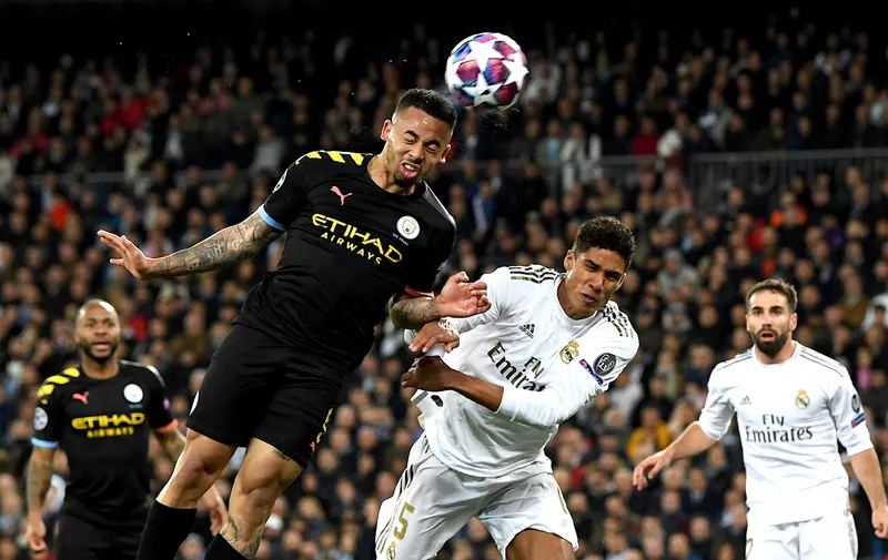 MADRID, SPAIN - FEBRUARY 26: Gabriel Jesus of Manchester City wins a header during the UEFA Champions League round of 16 first leg match between Real Madrid and Manchester City at Bernabeu on February 26, 2020 in Madrid, Spain. (Photo by David Ramos/Getty Images)