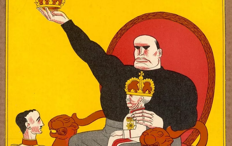 Benito Mussolini (1883 - 1945),  Italian dictator Cartoon depicting Mussolini as  the real power behind the  throne as Vittorio Emanuele  III perches on his knee     Date: