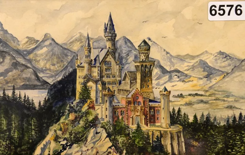 A reproduction shows a painting of Neuschwanstein Castle, a watercolor signed A Hitler on June 11, 2015 in the Weidler auction house in Nuremberg, southern Germany. Watercolour paintings and drawings by Adolf Hitler from about 100 years ago are set to go up for auction in Nuremberg between June 18 and 20, 2015. AFP PHOTO / CHRISTOF STACHE
NO ARCHIVES//RESTRICTED TO EDITORIAL USE - MANDATORY MENTION OF THE ARTIST UPON PUBLICATION, TO ILLUSTRATE THE EVENT AS SPECIFIED IN THE CAPTION
