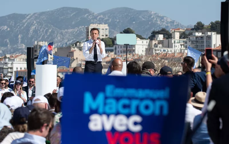 Emmanuel Macron is seen on stage giving his speech with supporters holding up placards with the campaign slogan: "avec vous (with you)". Emmanuel Macron is in Marseille for a meeting of the second round of the presidential election which opposes him on April 24, 2022 to Marine Le Pen. He needs to attract the vote of voters who have chosen Jean-Luc Mélenchon (radical ecological left sensibility). He announced strong implications of his future policy concerning the defense of the environment and the importance of youth in the decisions that will be taken if he is elected again. He also called to beat his opponent from the extreme right on the usual theme of defense of freedom and fight against racism.
Emmanuel Macron meeting in Marseille, France - 16 Apr 2022,Image: 683785504, License: Rights-managed, Restrictions: , Model Release: no, Credit line: Profimedia