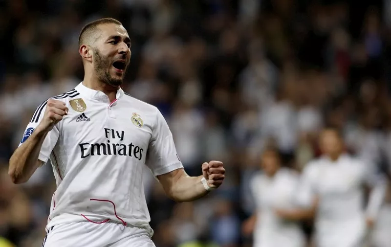 Real Madrid's French forward Karim Benzema Celebrates a goal during the Champions League 2014/15 match between Real Madrid and FC Schalke, at Santiago Bernabeu Stadium in Madrid on March 10, 2015. (Photo by / NurPhoto)