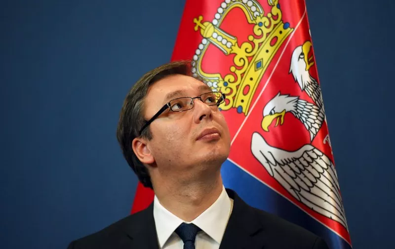 Serbian Prime Minister Aleksandar Vucic stands in the Delegation Hall of the parliament building in the Hungarian capital Budapest on July 1, 2015, prior to a joint press conference with his Hungarian counterpart. Vucic met his Hungarian counterpart Victor orban during a one-day official visit to the Hungarian capital to lead his delegation during a Hungarian-Serbian joint government meeting.  AFP PHOTO / ATTILA KISBENEDEK