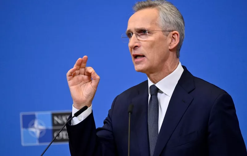 NATO Secretary General Jens Stoltenberg talks during a Pre-ministerial press conference before a Defence Ministers' meeting of the North Atlantic Council at the Nato headquarters, in Brussels on February 14, 2024. (Photo by JOHN THYS / AFP)