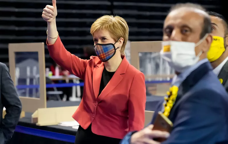 Scottish First Minister &amp; SNP Leader Nicola Sturgeon celebrates after winning the Glasgow Southside constituency seat at the Scottish Election 2021 Glasgow count.
Scottish Parliament Election Glasgow Count, Emirates Arena, Glasgow, Scotland, UK - 07 May 2021,Image: 609813392, License: Rights-managed, Restrictions: , Model Release: no, Credit line: Profimedia