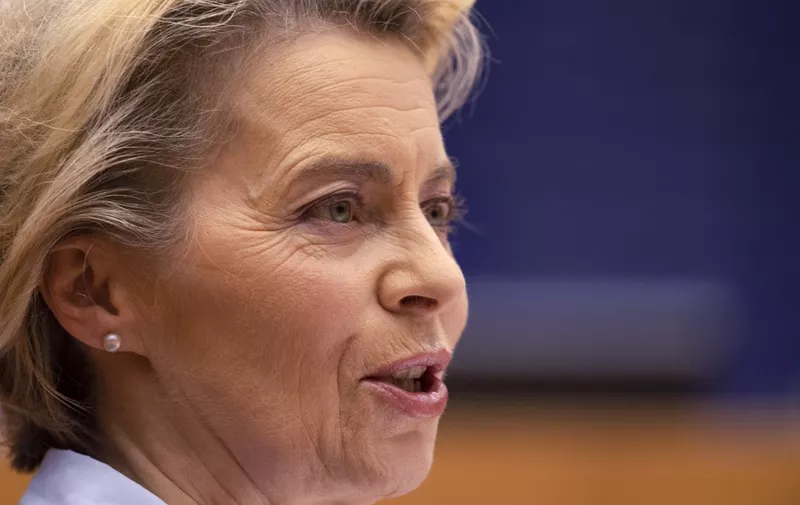 President of Commission Ursula von der Leyen delivers a speech, at European Parliament, in Brussels, on December 16, 2020. (Photo by JOHN THYS / POOL / AFP)