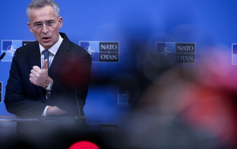 NATO Secretary General Jens Stoltenberg speaks during a press conference on the second day of a NATO Defence Ministers meeting at the NATO headquarters in Brussels, on February 17, 2022. - Nato is mobilizing its forces to be ready to respond to Russia's actions and "takes very seriously" the threats to Ukraine with the reinforcement of Russian troops on its borders, British Defense Minister Ben Wallace said on February 17, 2022 in Brussels. (Photo by Kenzo TRIBOUILLARD / AFP)