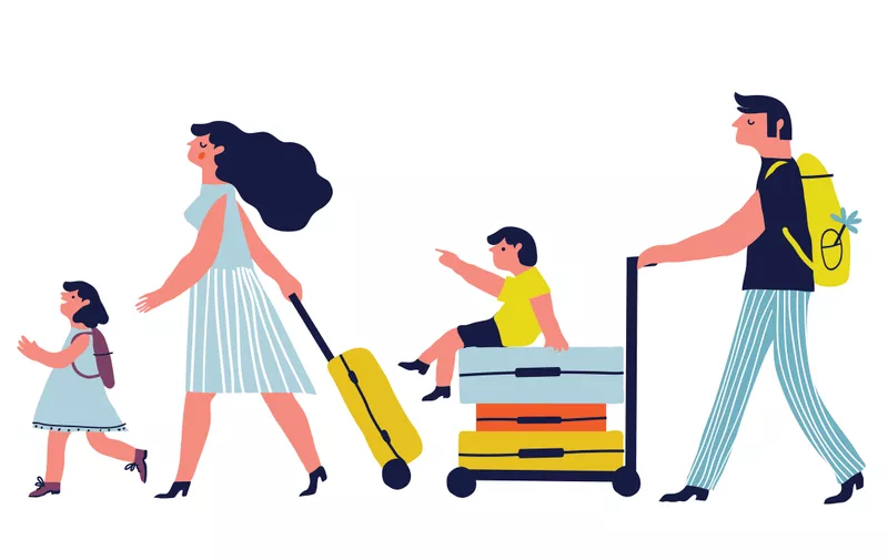 Parents with children are going on vacation. Vector creative illustration. Family travel.