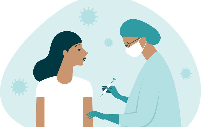 Doctor in protective suit inject vaccine shot to patient. Immunity stimulation to minimize risk of coronavirus infection. Covid-19 vaccination concept. Flat vector illustration.