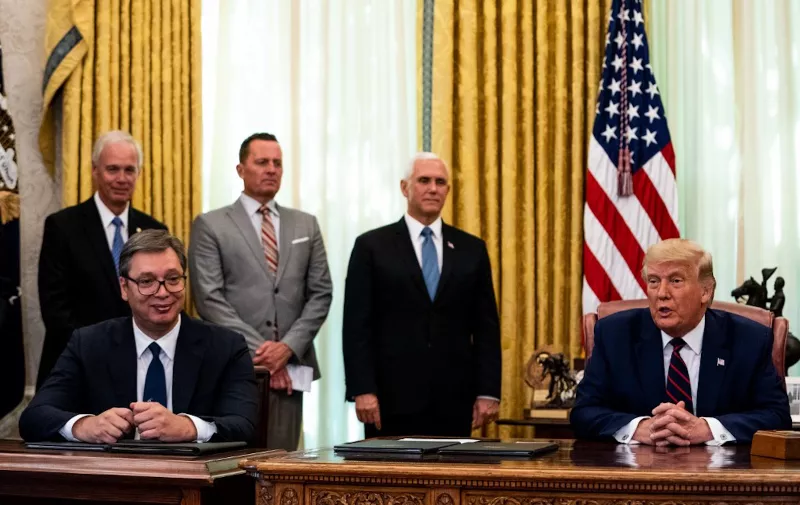 WASHINGTON, DC - SEPTEMBER 04: (L-R) President of Serbia Aleksandar Vucic and U.S. President Donald Trump attend a signing ceremony and meeting in the Oval Office of the White House on September 4, 2020 in Washington, DC. The Trump administration is hosting the leaders to discuss furthering their economic relations.   Anna Moneymaker-Pool/Getty Images/AFP
