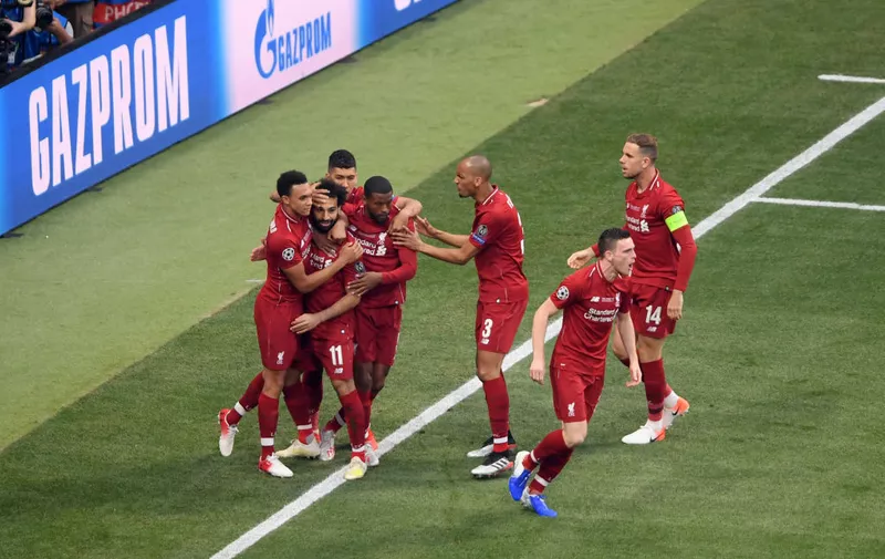 MADRID, SPAIN &#8211; JUNE 01: Mohamed Salah of Liverpool celebrates with teammates after scoring his team&#8217;s first goal during the UEFA Champions League Final between Tottenham Hotspur and Liverpool at Estadio Wanda Metropolitano on June 01, 2019 in Madrid, Spain. (Photo by Mike Hewitt/Getty Images)