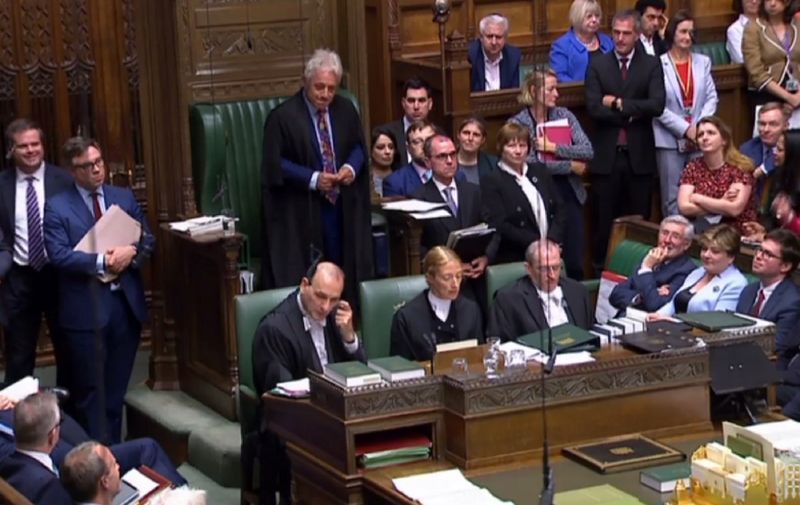 A video grab from footage broadcast by the UK Parliament's Parliamentary Recording Unit (PRU) shows Speaker of the House of Commons John Bercow announcing to MP's that he would step down from his role on September 9, 2019 in London. - The speaker of Britain's House of Commons John Bercow said on Monday he would step down within weeks, amid criticism by Brexit hardliners who say he has twisted parliamentary rules to undermine them. (Photo by - / various sources / AFP) / RESTRICTED TO EDITORIAL USE - MANDATORY CREDIT " AFP PHOTO / PRU " - NO USE FOR ENTERTAINMENT, SATIRICAL, MARKETING OR ADVERTISING CAMPAIGNS - EDITORS NOTE THE IMAGE HAS BEEN DIGITALLY ALTERED AT SOURCE TO OBSCURE VISIBLE DOCUMENTS