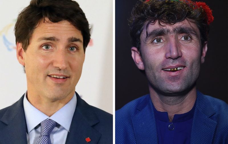 (COMBO) This combo shows a file photo taken on October 12, 2018 of Canada's Prime Minister Justin Trudeau (L) speaking at the end of the 17th Francophone countries summit in the Armenian city of Yerevan; and an image of Abdul Salam Maftoon (R), an Afghan singer and contestant of the television music competition 'Afghan Star', speaking during an interview with AFP in Kabul on January 13, 2019. - An Afghan talent show contestant's striking resemblance to Canadian Prime Minister Justin Trudeau has turned him into an unlikely celebrity in the war-torn country -- and potentially given him the winning edge. (Photo by WAKIL KOHSAR and Ludovic MARIN / AFP) / TO GO WITH Afghanistan-entertainment-television-offbeat,INTERVIEW by Allison Jackson