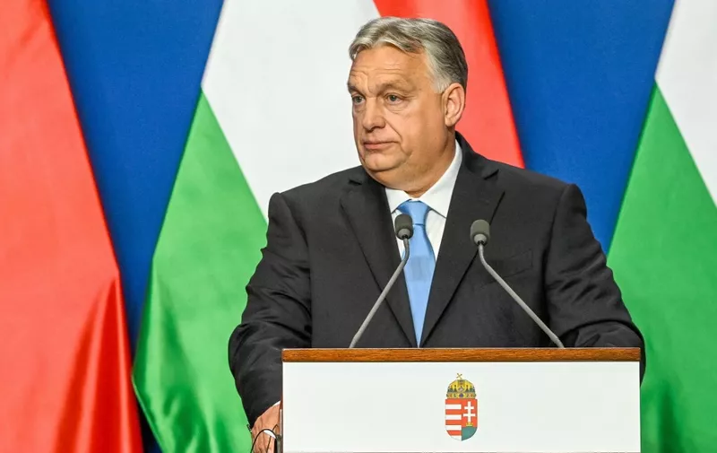 Hungarian Prime Minister Viktor Orban addresses a statement with the Chinese President after their official talks in Carmelita Monastery, the prime minister's headquarter, at Buda Castle quarter in Budapest, Hungary on May 9, 2024. The Chinese President pays a three day official visit to Budapest between May 8 and 10, 2024. (Photo by SZILARD KOSZTICSAK / POOL / AFP)