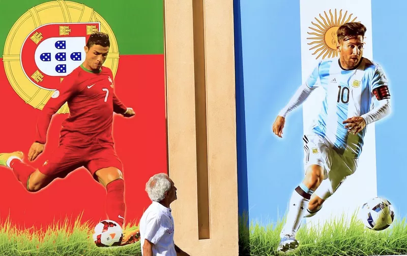 A mural in Beirut featuring posters of international football player, Neymar (Bra), Cristiano Ronaldo (Por),Lionel Messi (Arg), Mohammad Salah ( Egy), Antoine Griezmann (Fra) Sergio Ramos (Spa) Thomas Mueller (Ger) and Luka Modrić (Cro) who will be competing at the 2018 World Cup in Russia which starts on 14 June