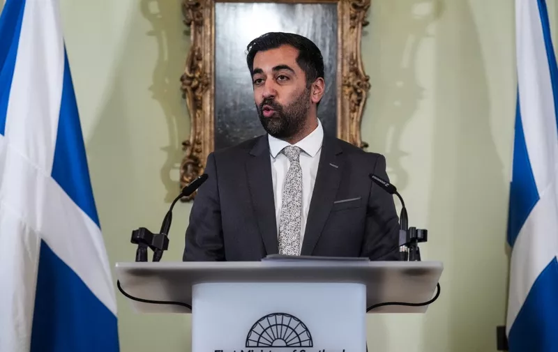 Scotland's First Minister Humza Yousaf announces his resignation during a statement, at Bute House, in Edinburgh, on April 29, 2024. Humza Yousaf resigns as Scotland's first minister just days before he was due to face two confidence votes in his leadership and government. The 39-year-old politician has endured a torrid few days since ending the SNP's ruling coalition with the Scottish Greens in the Scottish parliament in Edinburgh. (Photo by Andrew Milligan / POOL / AFP)