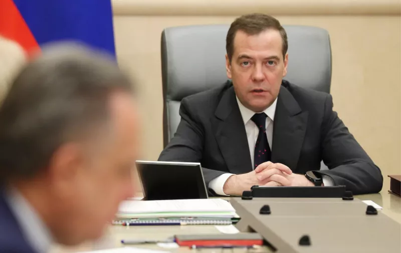 MOSCOW, RUSSIA - JANUARY 13, 2020: Russia's Prime Minister Dmitry Medvedev (R) holds a meeting with his deputies to discuss issues of safety of the Russian citizens in the Middle East. Yekaterina Shtukina/POOL/TASS/Sipa USA,Image: 492486471, License: Rights-managed, Restrictions: *** World Rights Except Russia and Japan ***, Model Release: no, Credit line: Profimedia