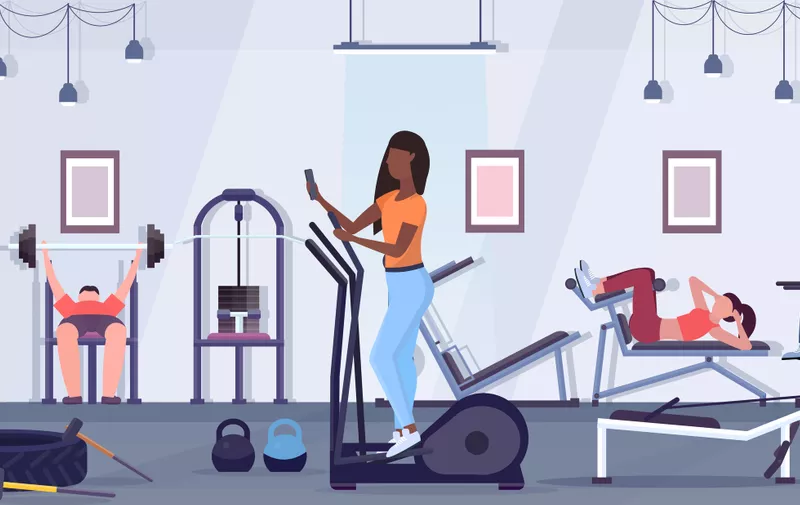 woman training on stepper treadmill african american girl using smartphone while working out digital gadget addiction concept modern gym studio interior flat full length horizontal vector illustration