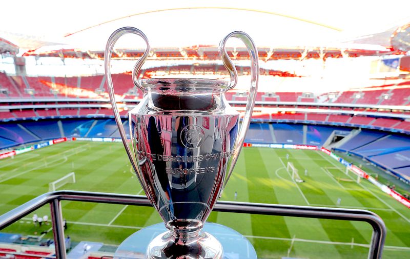 LISBON, PORTUGAL - AUGUST 22: A Detailed view of the Champions League Trophy during a training session ahead of their UEFA Champions League Final match against Bayern Munich at Estadio do Sport Lisboa e Benfica on August 22, 2020 in Lisbon, Portugal. (Photo by Manu Fernandez/Pool via Getty Images)