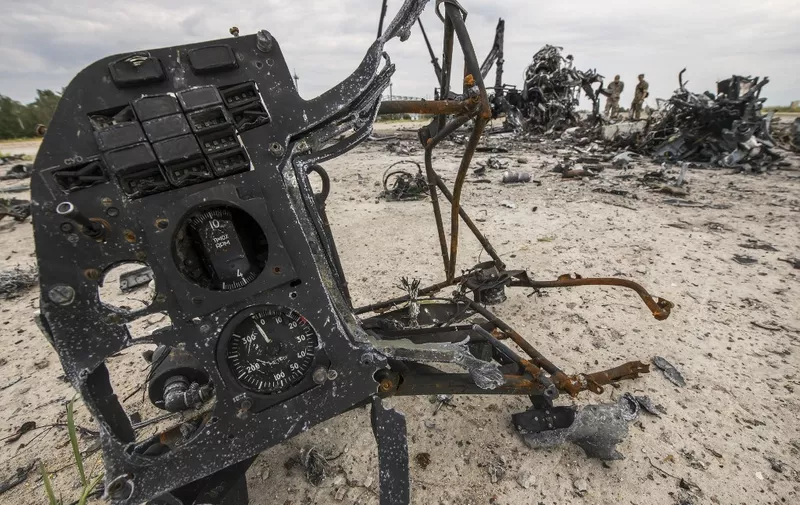 Fragments of the Russian Military Ka-52 &quot;Alligator&quot; Helicopter Destroyed by Ukrainian Servicemen  during Russia's invasion of Ukraine at the Gostomel airfield near Kyiv, Ukraine. July 08, 2022 (Photo by Maxym Marusenko/NurPhoto) (Photo by Maxym Marusenko / NurPhoto / NurPhoto via AFP)