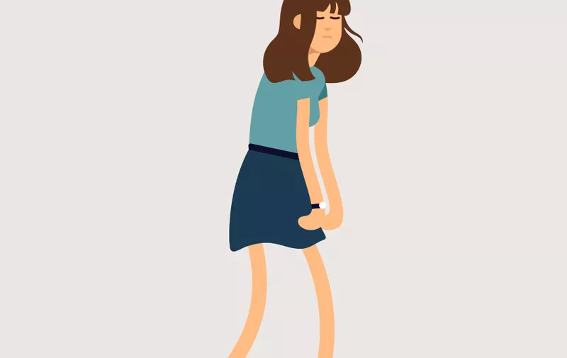 Vector illustration young tired woman, sleepy mood, weak health, mental exhausted. Concept illustration female character is very sad