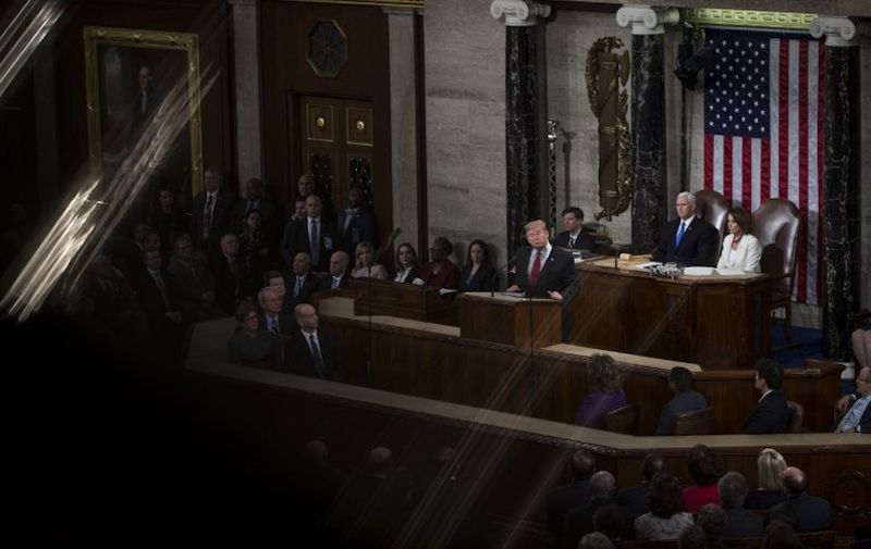 WASHINGTON, DC - FEBRUARY 05: President Donald Trump delivers the State of the Union address in the chamber of the U.S. House of Representatives at the U.S. Capitol Building on February 5, 2019 in Washington, DC. President Trump's second State of the Union address was postponed one week due to the partial government shutdown.   Zach Gibson/Getty Images/AFP