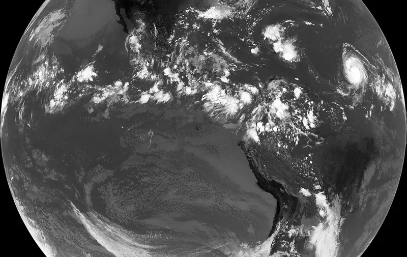 A picture released by the Nasa Earth Observatory and taken on August 17, 2009, at 1:31 p.m. EST, by the latest NASA/NOAA geostationary weather satellite, called GOES-14, of its first full-disk thermal infrared (IR) image, showing radiation with a wavelength of 10.7 micrometers emanating from Earth. Infrared images are useful because they provide information about temperatures. A wavelength of 10.7 micrometers is 15 times longer than the longest wavelength of light (red) that people can see, but scientists can turn the data into a picture by having a computer display cold temperatures as bright white and hot temperatures as black. The hottest (blackest) features in the scene are land surfaces; the coldest (whitest) features in the scene are clouds. Perhaps the most significant features related to U.S. weather appear in the upper right quadrant of the disk: the remnants of Tropical Storm Claudette drenching the eastern Gulf Coast, Tropical Depression Ana unwinding over Puerto Rico and the Dominican Republic, and Hurricane Bill approaching from the central Atlantic. AFP PHOTO / NASA EARTH OBSERVATORY = RESTRICTED TO EDITORIAL USE (Photo by NASA EARTH OBSERVATORY / AFP)