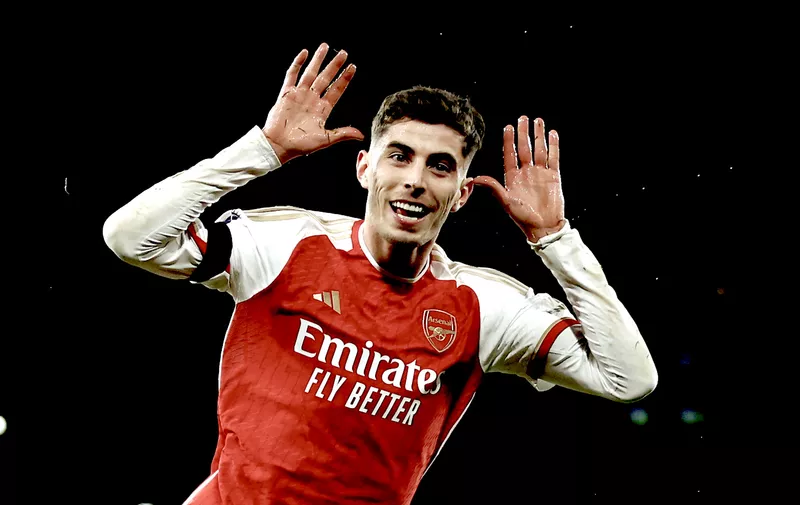 Soccer Football - Premier League - Arsenal v Chelsea - Emirates Stadium, London, Britain - April 23, 2024
Arsenal's Kai Havertz celebrates scoring their third goal Action Images via Reuters/Matthew Childs NO USE WITH UNAUTHORIZED AUDIO, VIDEO, DATA, FIXTURE LISTS, CLUB/LEAGUE LOGOS OR 'LIVE' SERVICES. ONLINE IN-MATCH USE LIMITED TO 45 IMAGES, NO VIDEO EMULATION. NO USE IN BETTING, GAMES OR SINGLE CLUB/LEAGUE/PLAYER PUBLICATIONS.