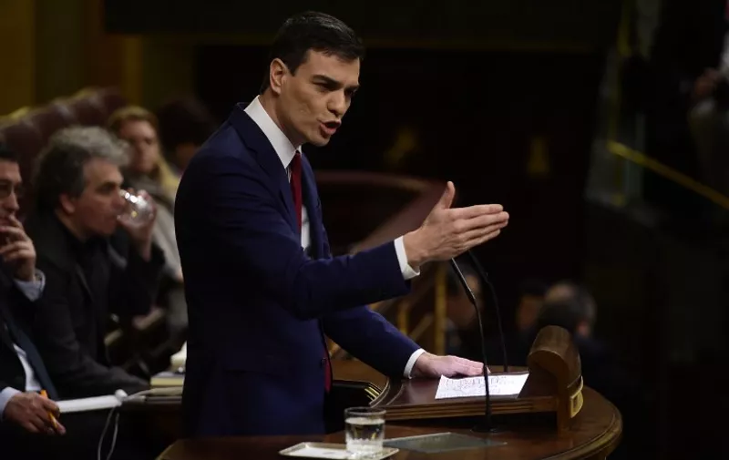 Leader of Spanish Socialist Party (PSOE) Pedro Sanchez speaks at Las Cortes in Madrid on March 2, 2016 during a parliamentary debate to vote through a prime minister and allow the country to finally get a government.
The parliamentary session is a key step towards trying to unblock nearly 11 weeks of political stalemate since inconclusive December elections resulted in a hung parliament divided among four main parties -- none of which won enough seats to govern alone.

 / AFP / PIERRE-PHILIPPE MARCOU