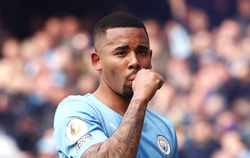 Manchester, England, 10th April 2022. Gabriel Jesus of Manchester City celebrates scoring their second goal during the Premier League match at the Etihad Stadium, Manchester. Picture credit should read: Darren Staples / Sportimage PUBLICATIONxNOTxINxUK SPI-1632-0052