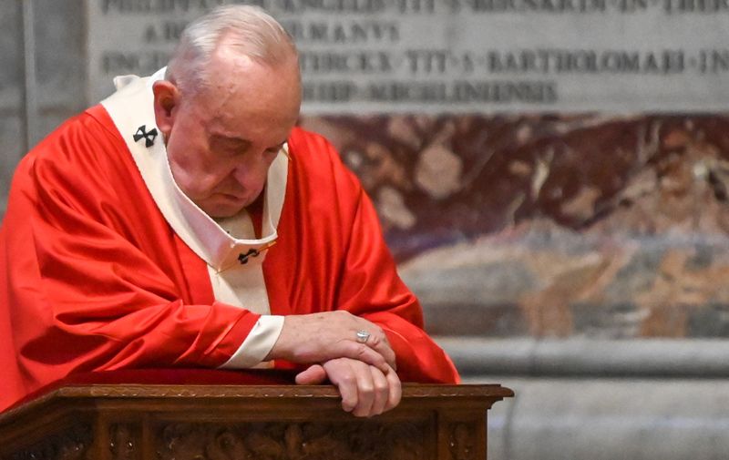 Pope Francis prays as he celebrates Palm Sunday mass behind closed doors at the Chair of Saint Peter in St. Peter's Basilica mass on April 5, 2020 in The Vatican, during the lockdown aimed at curbing the spread of the COVID-19 infection, caused by the novel coronavirus., Image: 512365903, License: Rights-managed, Restrictions: , Model Release: no, Credit line: Alberto PIZZOLI / AFP / Profimedia