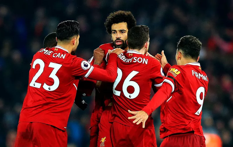 Liverpool&#8217;s Mohamed Salah (centre) celebrates with team-mates after scoring his team&#8217;s fourth goal of the game during the Premier League match at Anfield, Liverpool., Image: 360139396, License: Rights-managed, Restrictions: EDITORIAL USE ONLY No use with unauthorised audio, video, data, fixture lists, club/league logos or &#8220;live&#8221; services. Online in-match use limited to 75 images, no video [&hellip;]