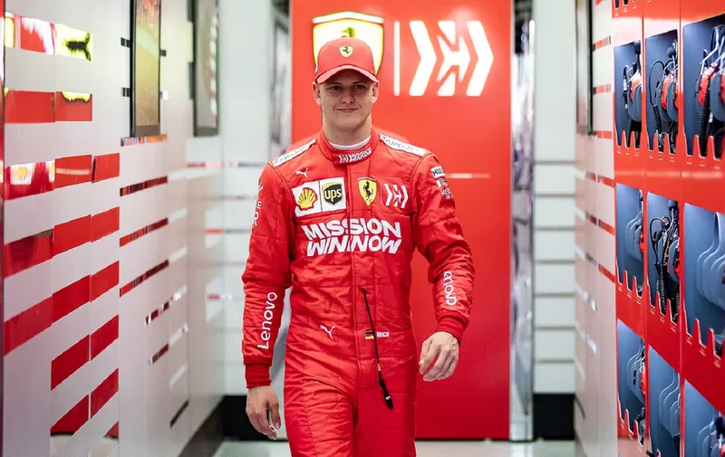 BAHRAIN, BAHRAIN - APRIL 02: Mick Schumacher of Germany and Scuderia Ferrari SF90 walks out of the garage during F1 testing in Bahrain at Bahrain International Circuit on April 02, 2019 in Bahrain, Bahrain. (Photo by Lars Baron/Getty Images)