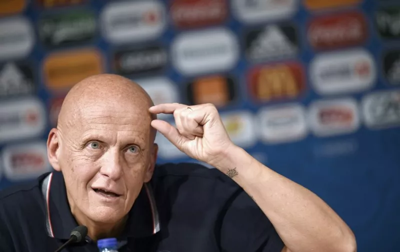 UEFA Euro 2016 Chief Refereeing Officer, Italian Pierluigi Collina, holds a press conference on April 20, 2016 in Enghien-les-Bains, North of Paris. / AFP PHOTO / MARTIN BUREAU